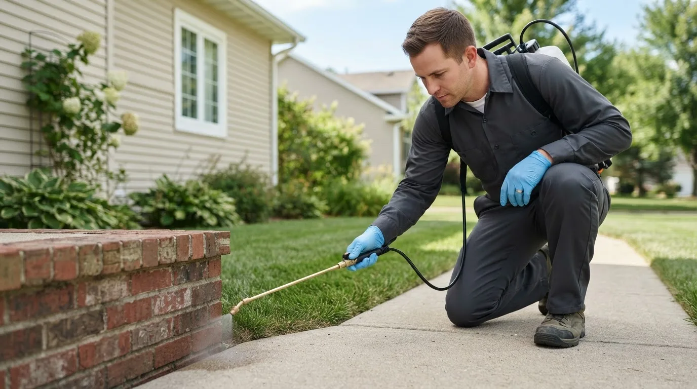 Pest control technician treating a home near Chester, PA